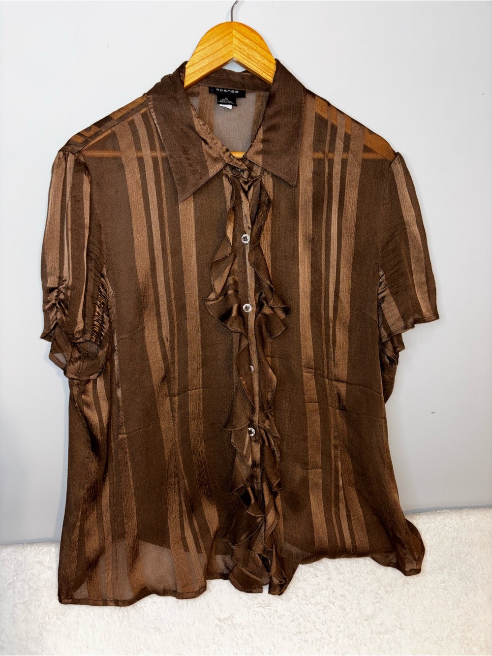 Business Casual Ruffled Brown Sheer Button-Up Blouse Short Sleeve top Size XL